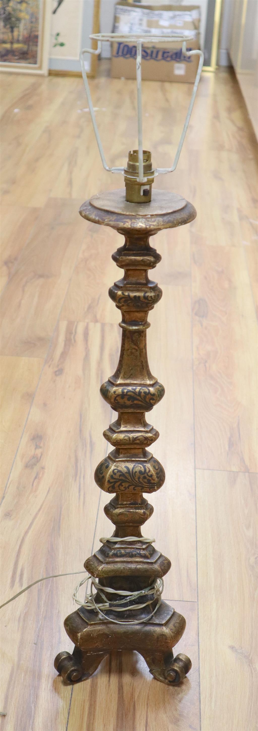 A Florentine green and gilt carved wood table lamp, height 63cm